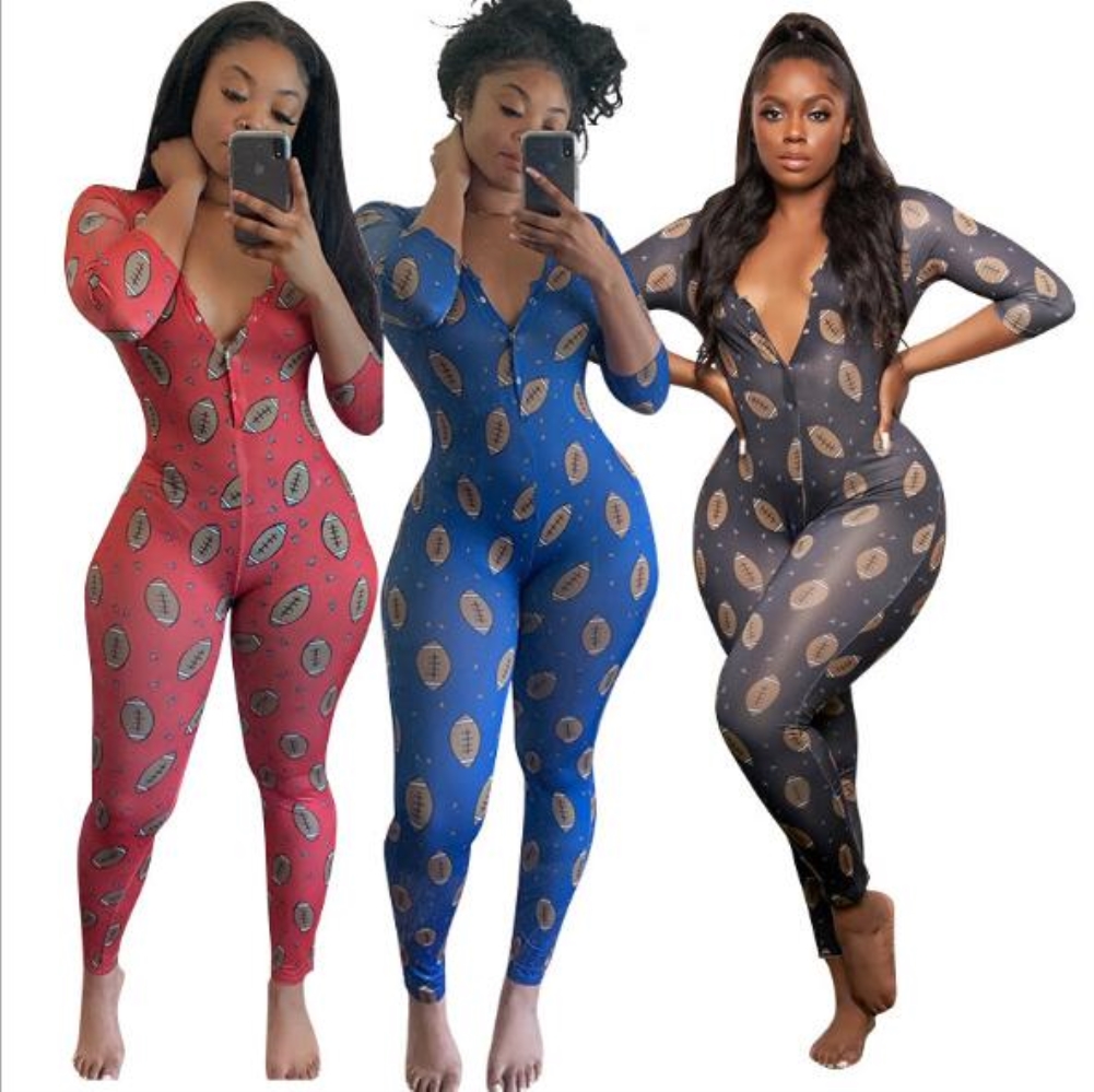 Plus Size Print Long Sleeve Bodycon Jumpsuit