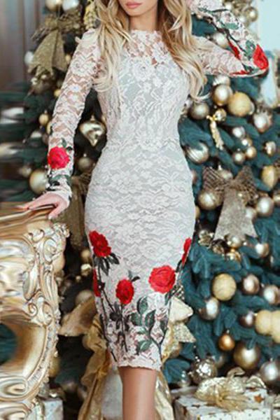 Round Neck  Floral  Blend Bodycon Dress