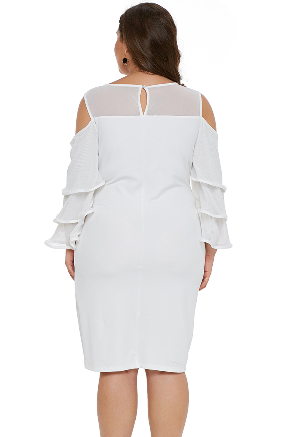 White Cold Shoulder Cascading Sleeve Plus Size Dress