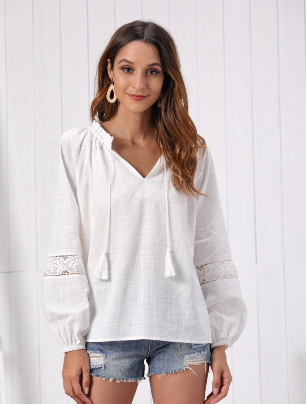Summer White V-Neck Boho Shirt with Sleeves