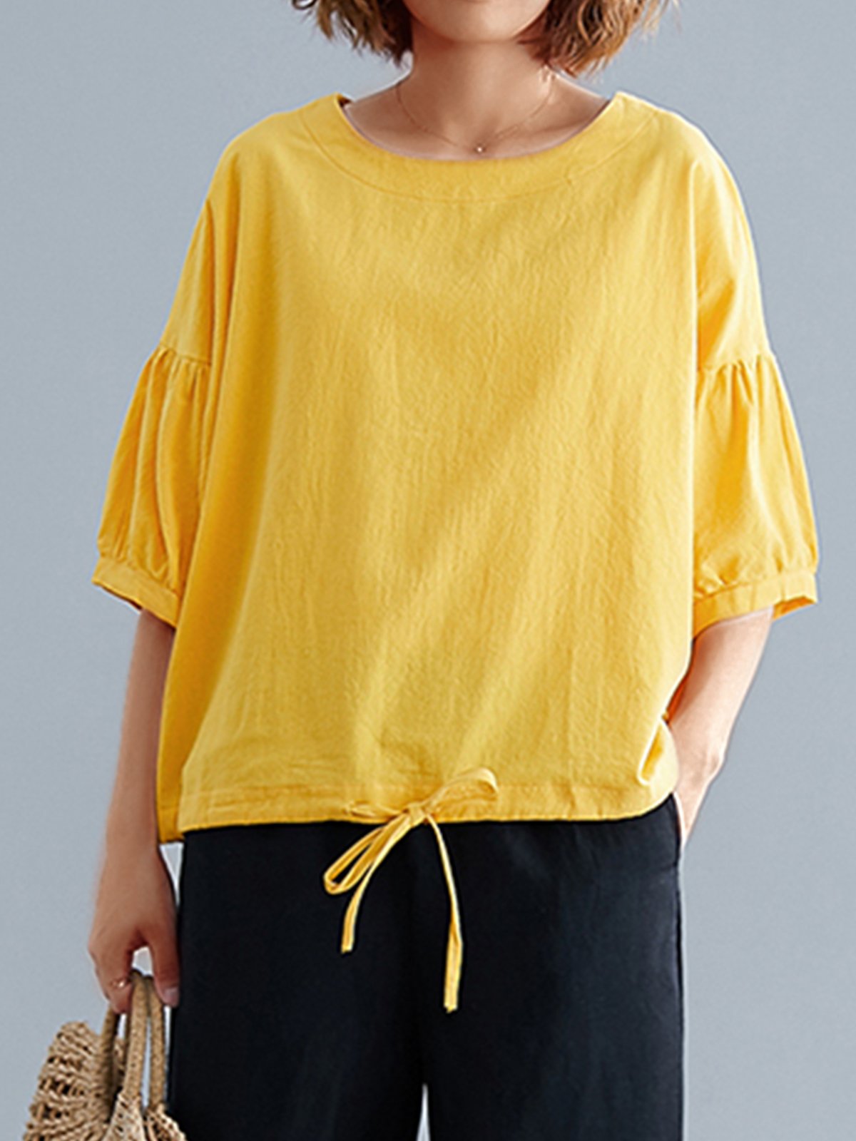 Plus Size Women Short Sleeve Round Neck Solid Loose Casual Tops