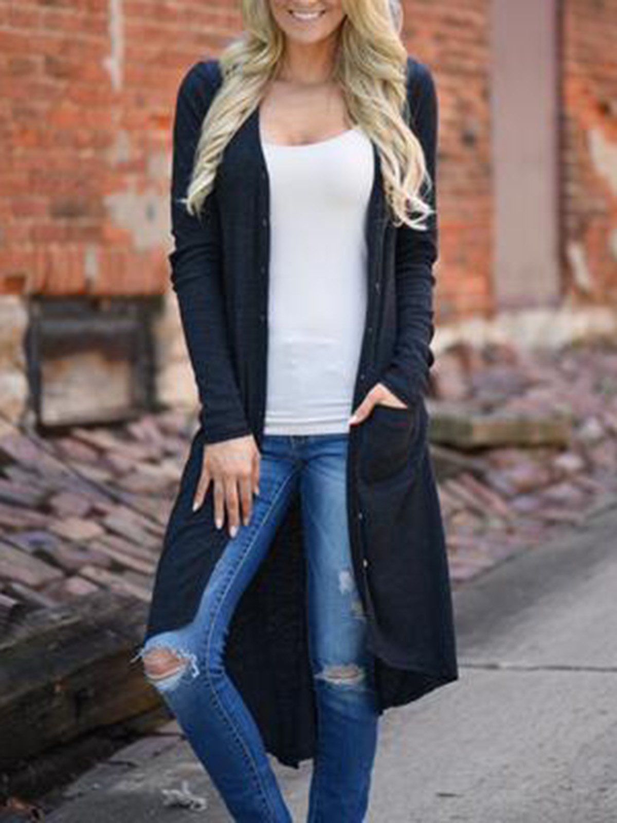 Pockets Casual Solid Long Cardigan