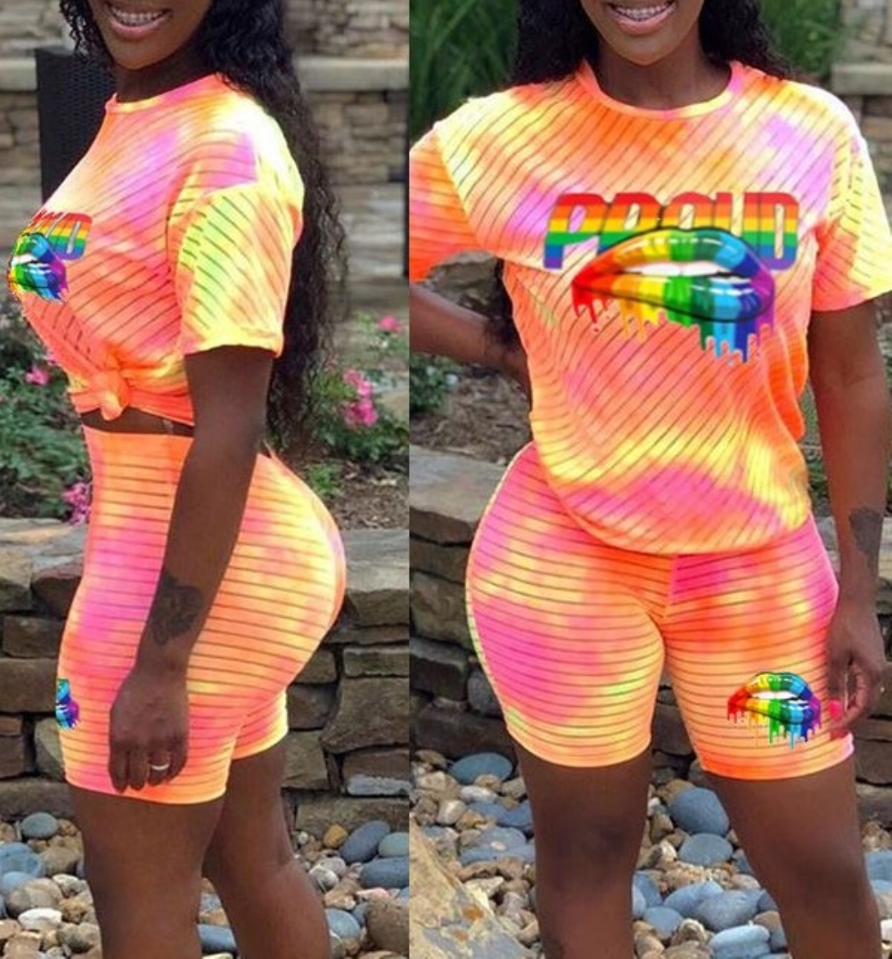 Summer Lip Print Two Piece Biker Shorts Set