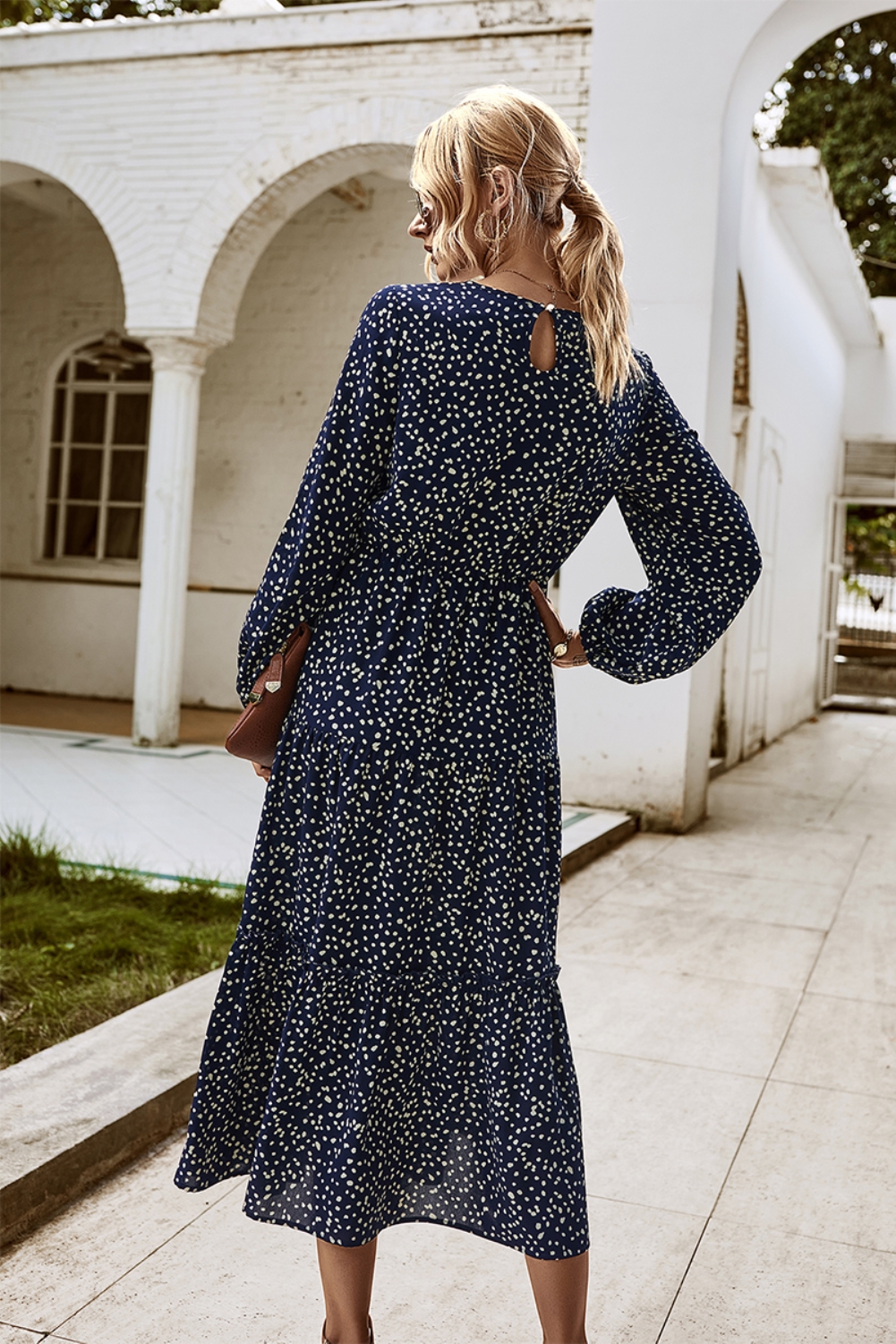 Fall Long Sleeve O Neck Dot Long Dress