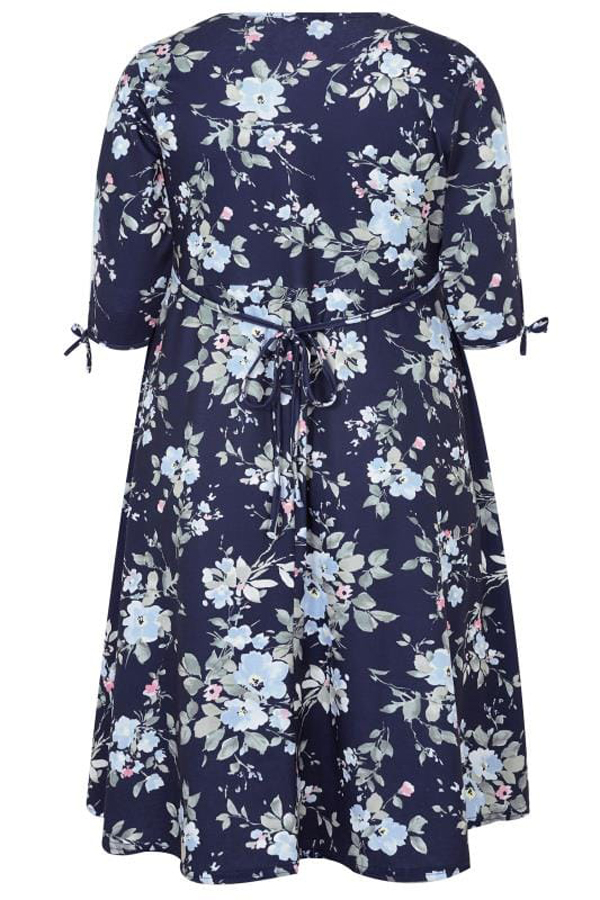 Navy 3/4 Length Tie Sleeves Floral Jersey Wrap Dress