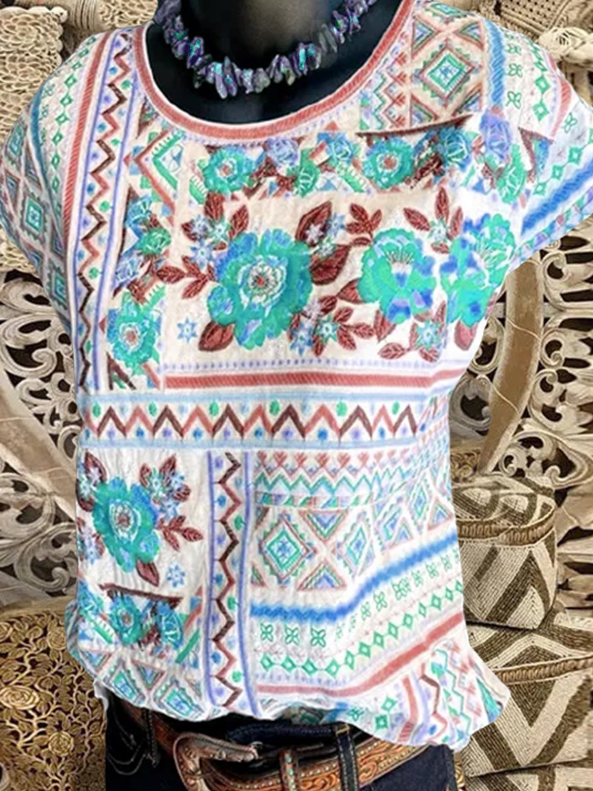 Geometric Flowers Casual Cotton-Blend Shirts & Tops