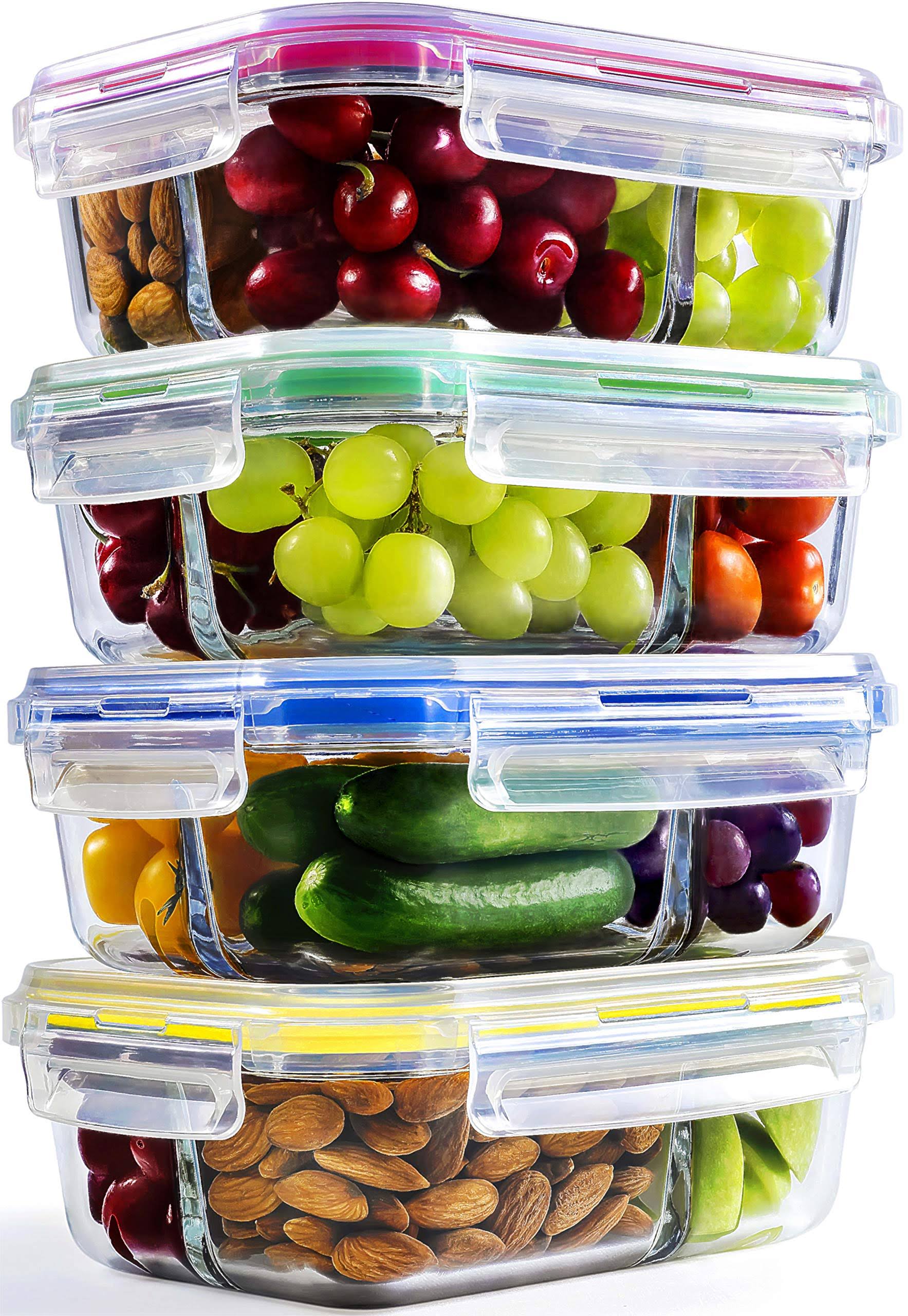 Glass Meal Prep Containers - 4-Pack 3 Compartment Food Storage Containers, 35 oz. Includes