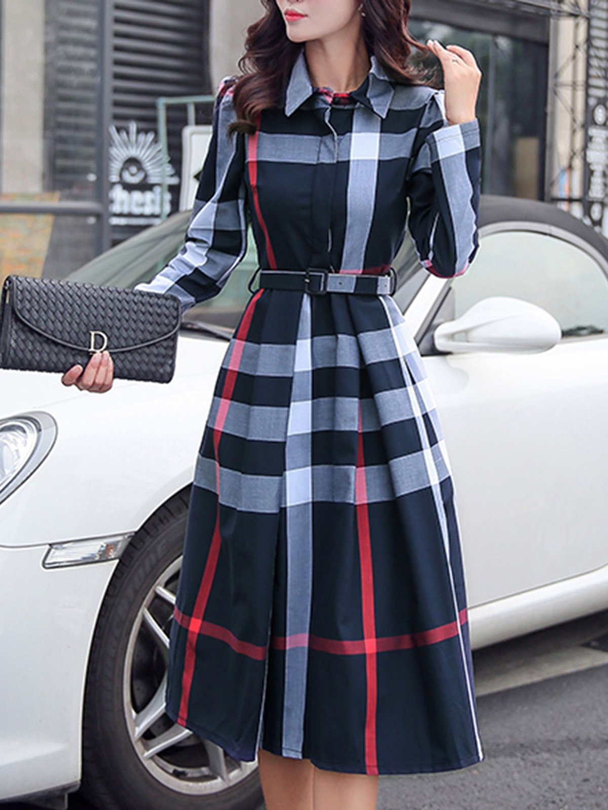 Long Sleeve Casual Acetate A-line Checkered/Plaid Dress