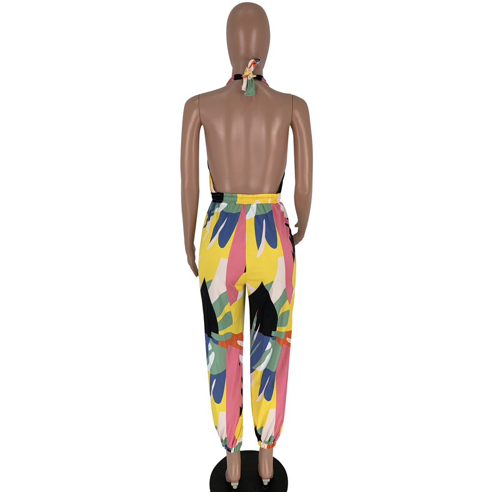 Print Colorful Drawstring Halter Jumpsuit