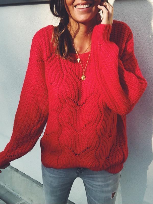 Loose Lantern Sleeve Knitting Red Women Sweater