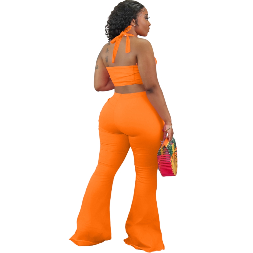 Sexy Plain Halter Crop Top and Flare Pants Set