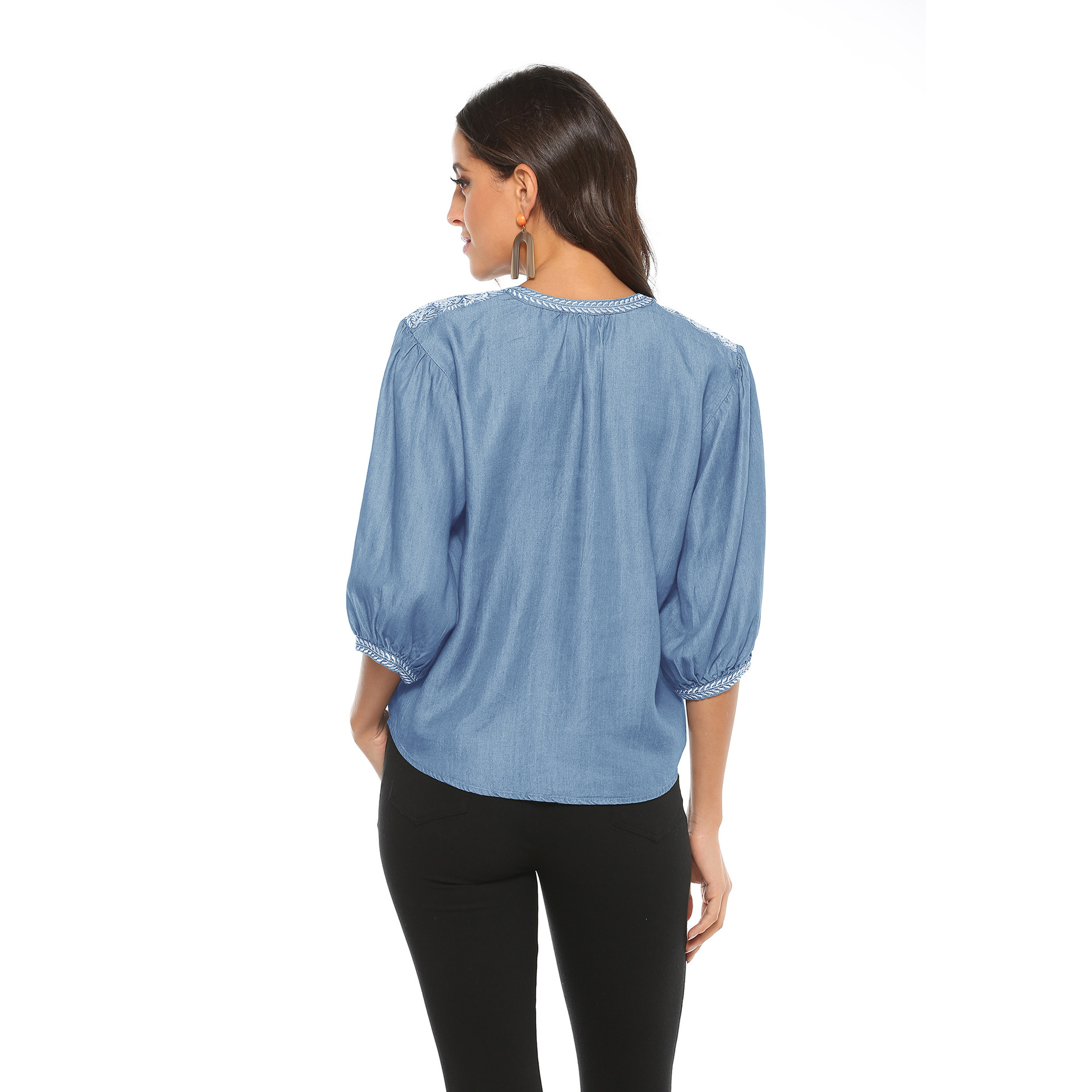 Women's Long Sleeve Denim Embroidery Blouse Boho Style