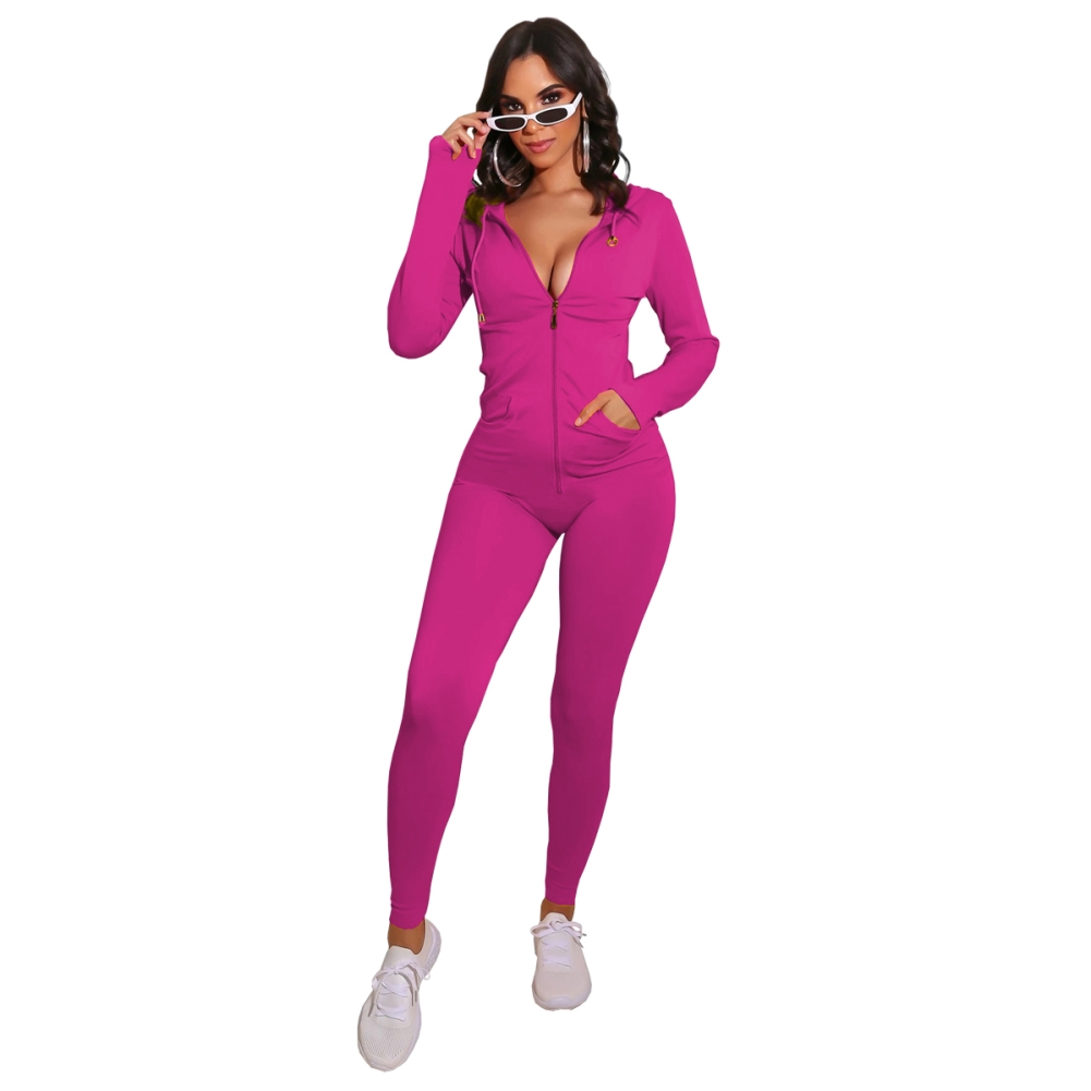 Autumn Sports Fitness Solid Plain Zip Up Hoodie Jumpsuit
