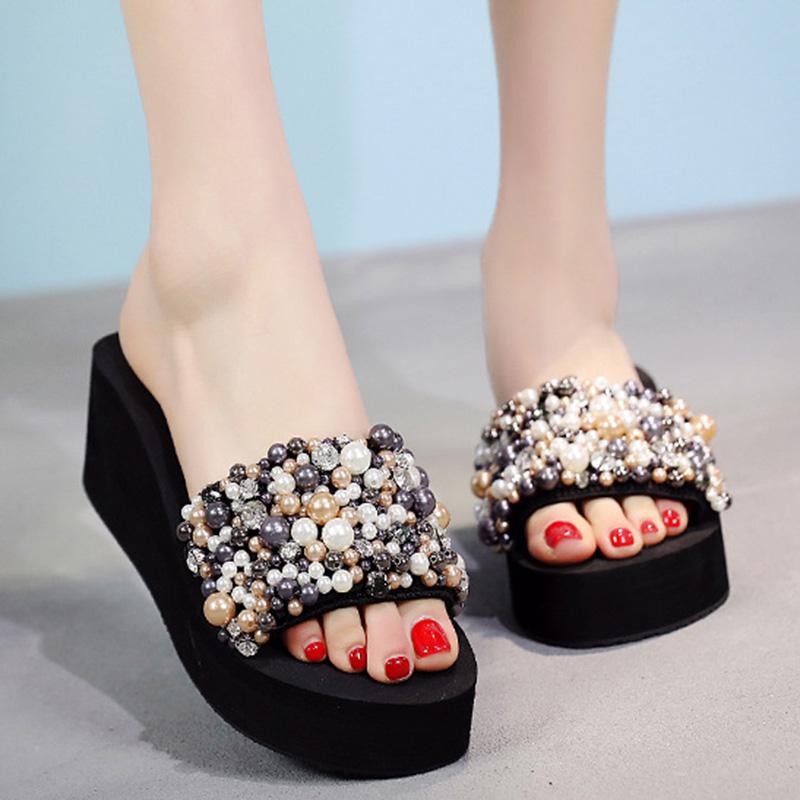 Daily Slip On Imitation Pearl Wedge Heel Slippers