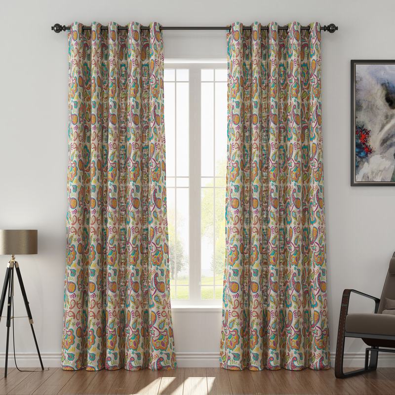Paisley Print Polyester Linen Curtain Drapery with Privacy Blackout Thermal Lining ABBY
