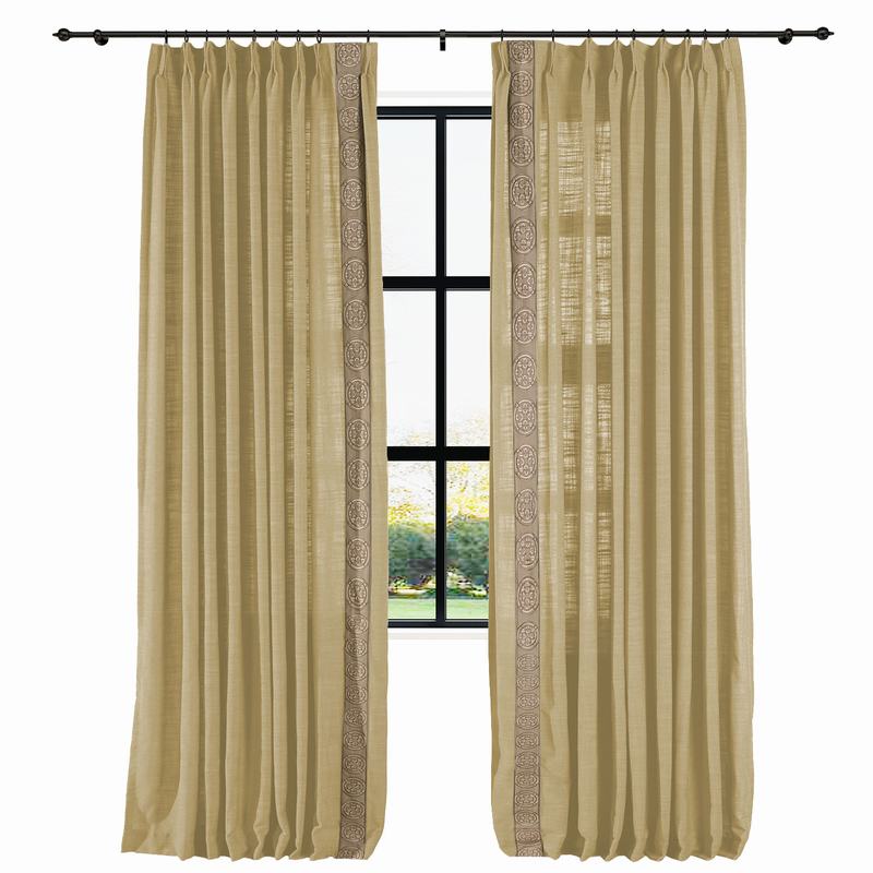 AMARA Polyester Linen Curtain Drapery With Decorative Trim Custom Sold Per Pair