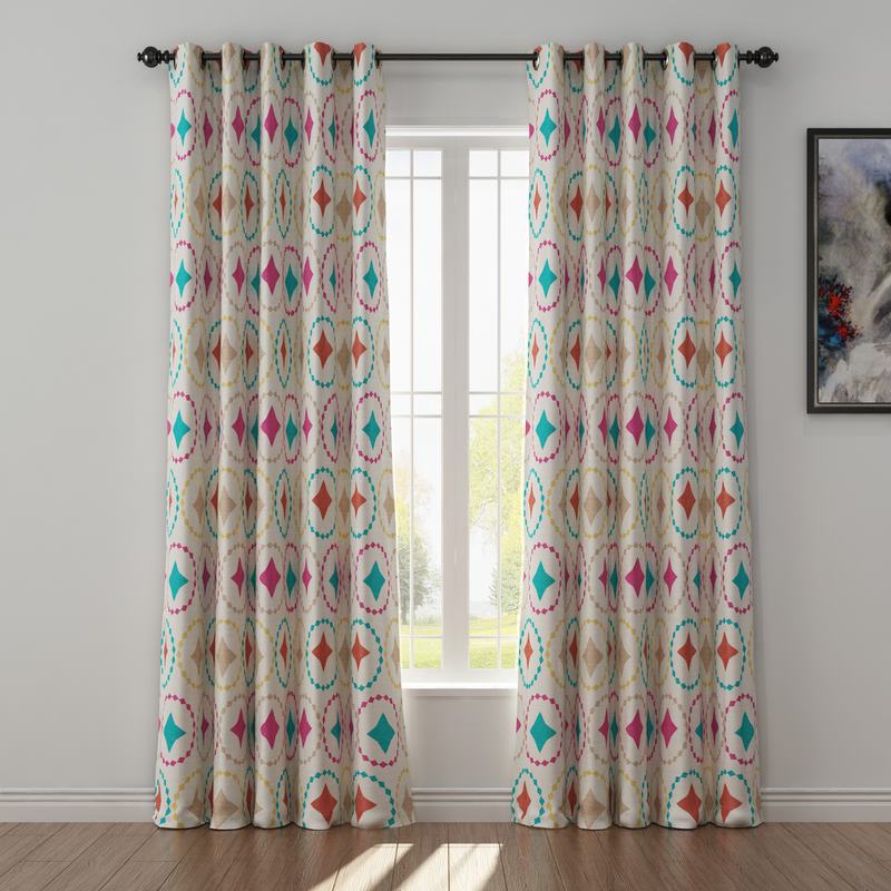 Geometric Print Polyester Linen Curtain Drapery FLAMINGO