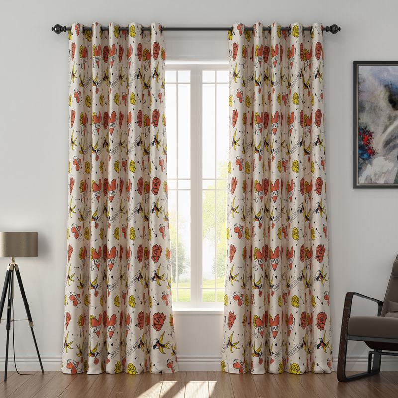 Love Print Polyester Linen Curtain Drapery with Privacy Blackout Thermal Lining CHERYL