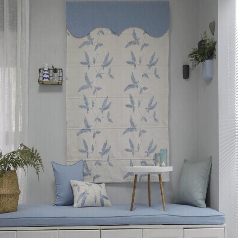 Embroidered Cotton Linen Roman Shade In Blue