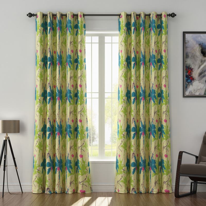 Tropical Print Polyester Linen Curtain Drapery with Privacy Blackout Thermal Lining BONNIE