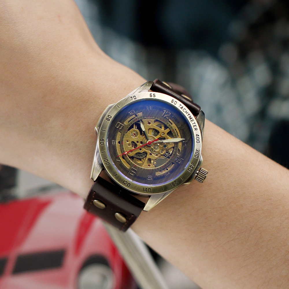 Hot Sale Antique Automatic Skeleton Mechanical Watch Men Bronze Steampunk Retro Leather Analog Wrist Watches Horloges Mannen