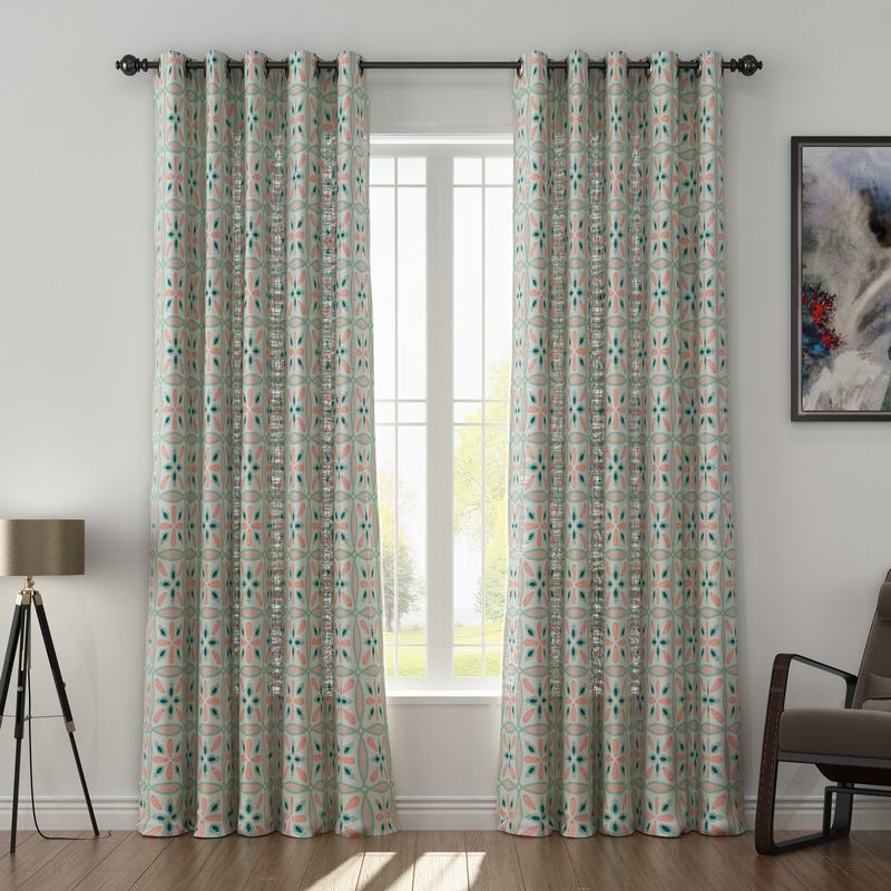Geometric Print Polyester Linen Curtain Drapery with Privacy Blackout Thermal Lining ADELINE