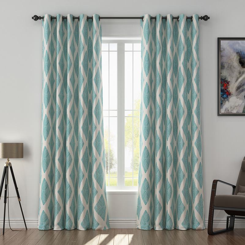 Geometric Print Polyester Linen Curtain Drapery with Privacy Blackout Thermal Lining COLIN