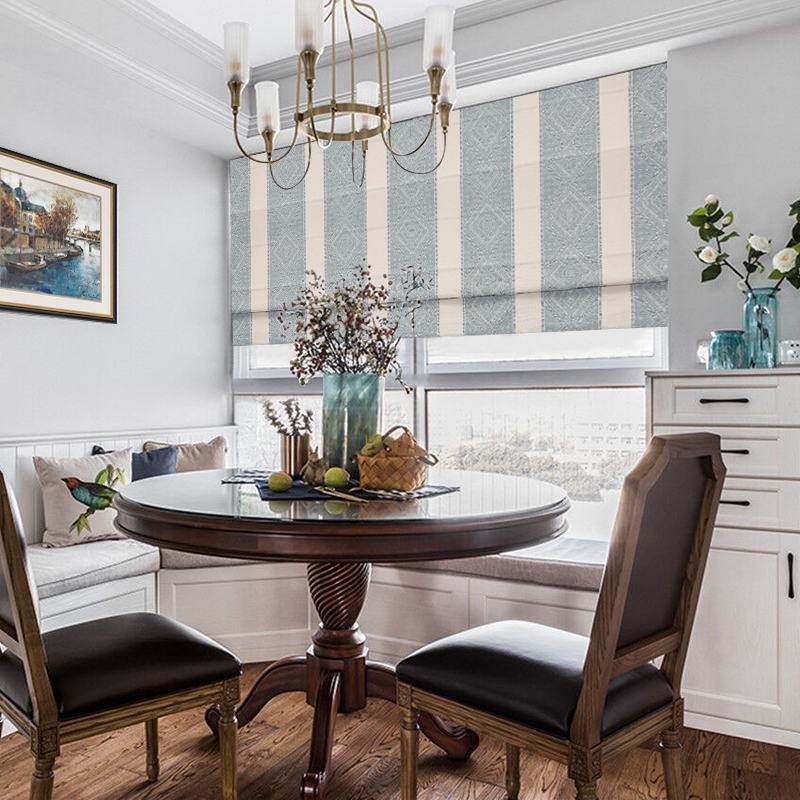 Stripe Cotton Linen Roman Shade In Blue