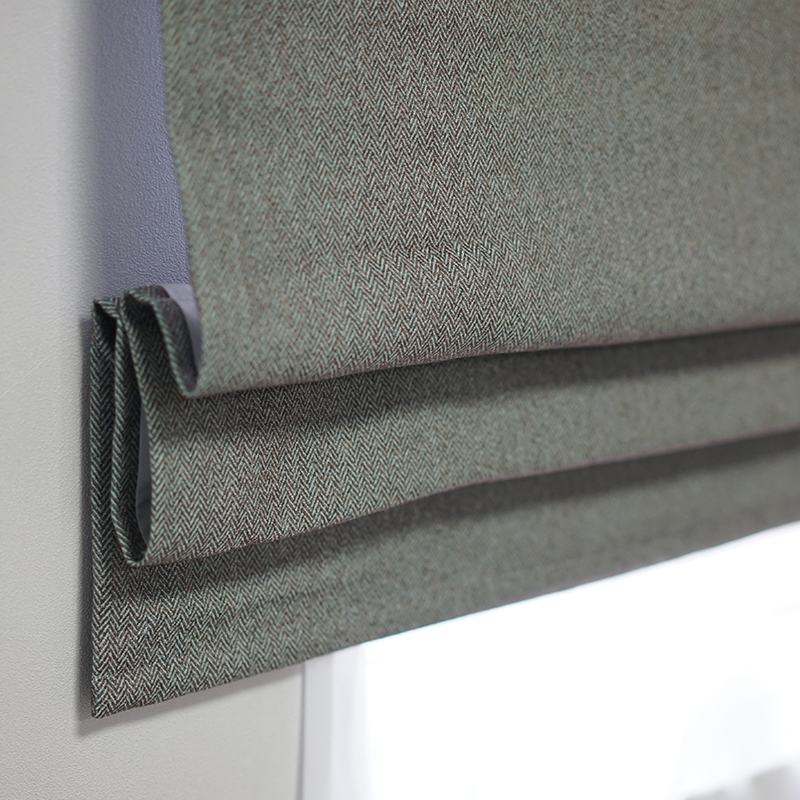 Herringbone Cotton Linen Roman Shade In Gray Green