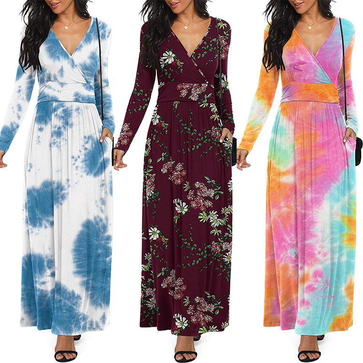 Women Long Sleeve Deep V Neck Loose Plain Long Maxi Casual Dress with Pockets