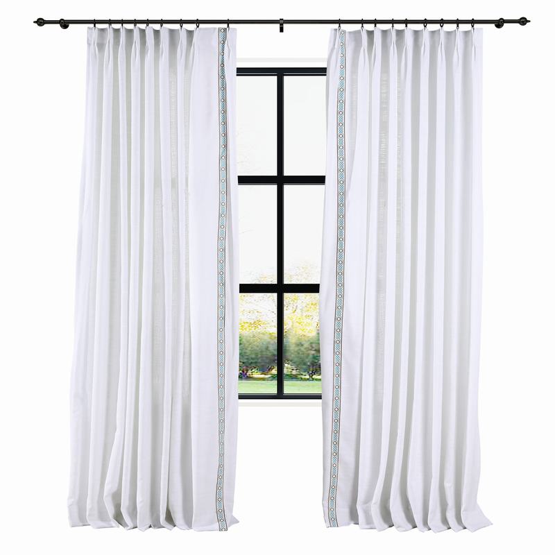 AMARA Polyester Linen Curtain Drapery With Decorative Trim Custom Sold Per Pair