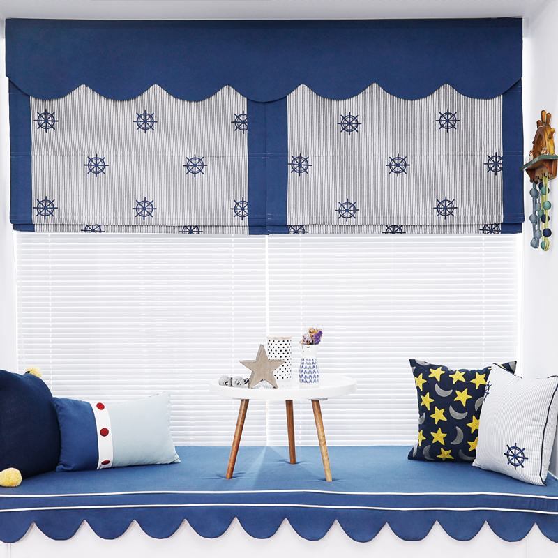 Embroidery Polyester Cotton Roman Shade In Blue