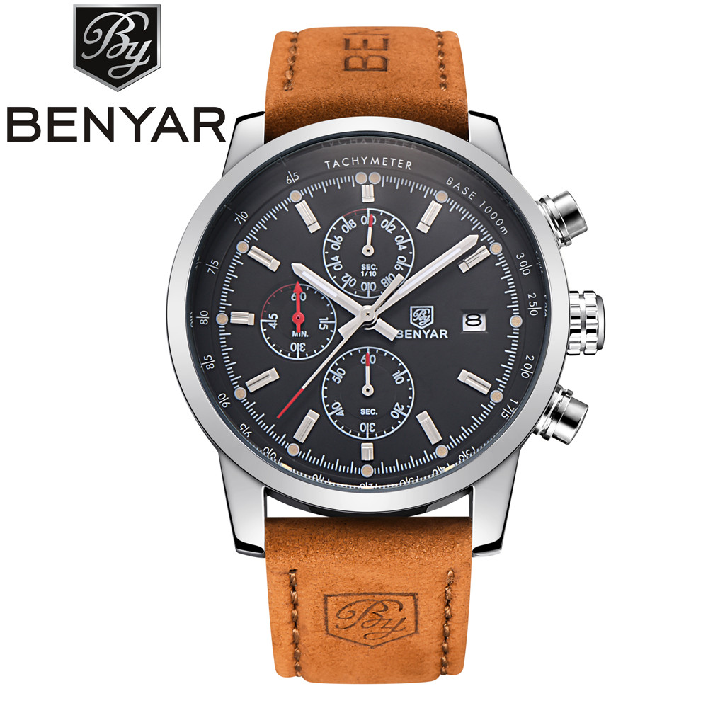 BENYAR Brand Sport Men Watch Top Brand Luxury Male Leather Waterproof Chronograph Quartz Military Wrist Watch Men Clock saat