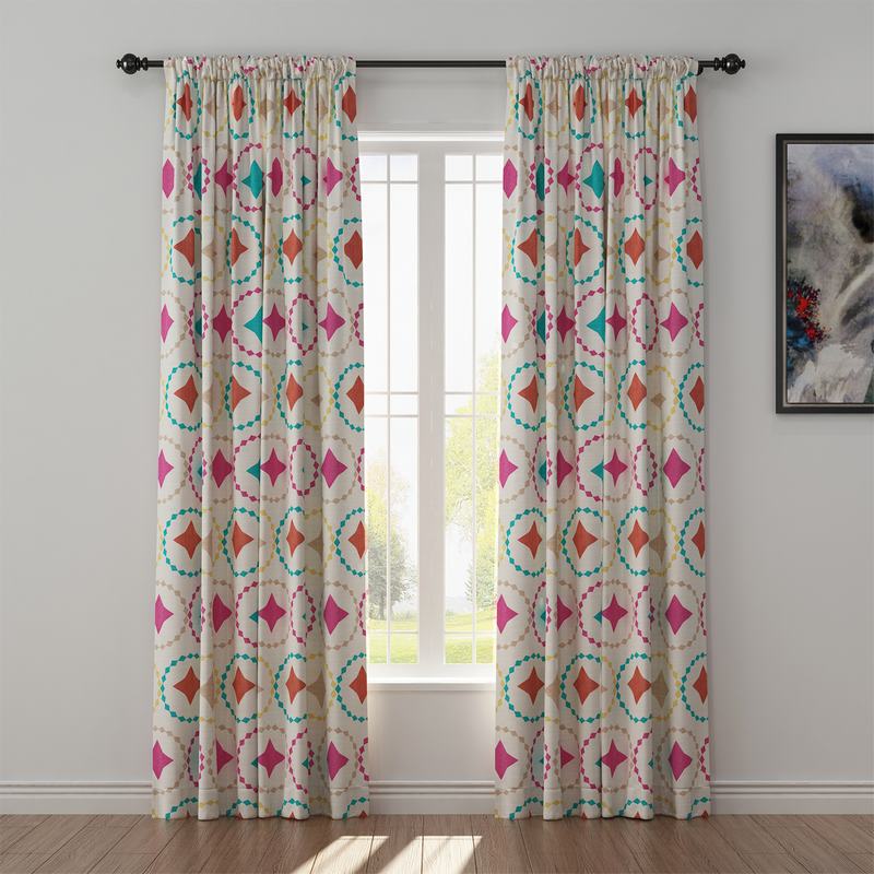 Geometric Print Polyester Linen Curtain Drapery FLAMINGO