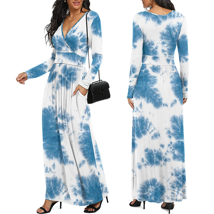 Women Long Sleeve Deep V Neck Loose Plain Long Maxi Casual Dress with Pockets