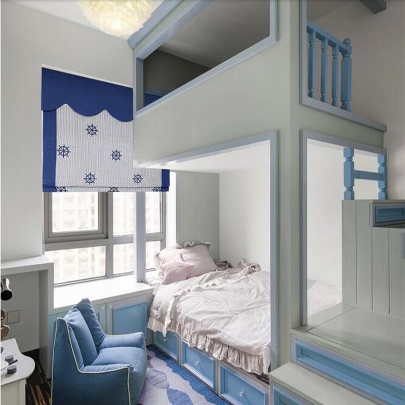 Embroidery Polyester Cotton Roman Shade In Blue