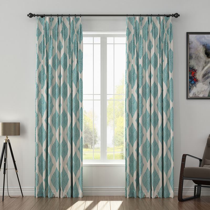 Geometric Print Polyester Linen Curtain Drapery with Privacy Blackout Thermal Lining COLIN