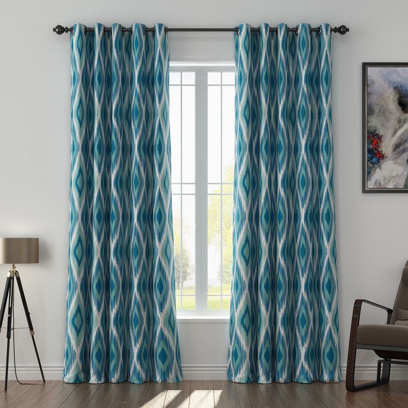 Geometric Print Polyester Linen Curtain Drapery with Privacy Blackout Thermal Lining CLIFF