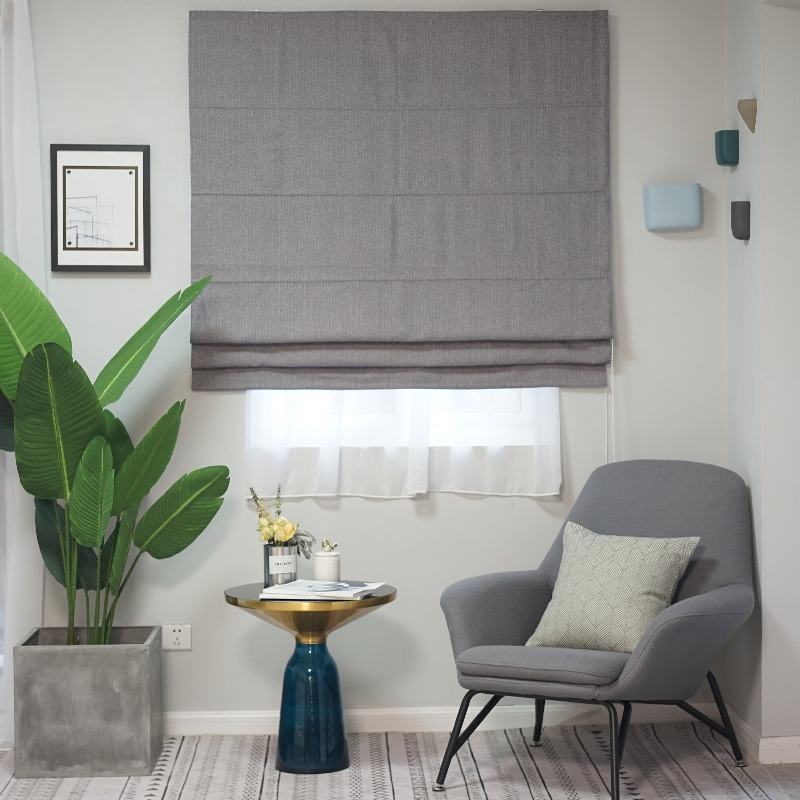 Herringbone Cotton Linen Roman Shade In Gray Green