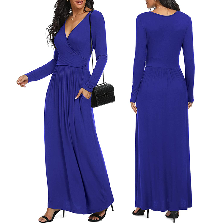 Women Long Sleeve Deep V Neck Loose Plain Long Maxi Casual Dress with Pockets