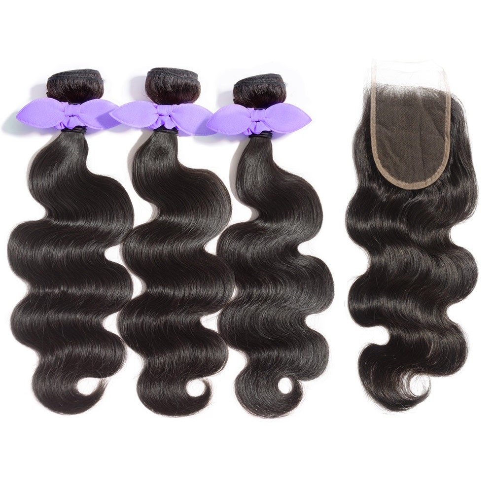 【Platinum 7A】3 Bundles Body Wavy 7A Malaysian Virgin Hair 300g With 4*4 Free Part Lace Closure