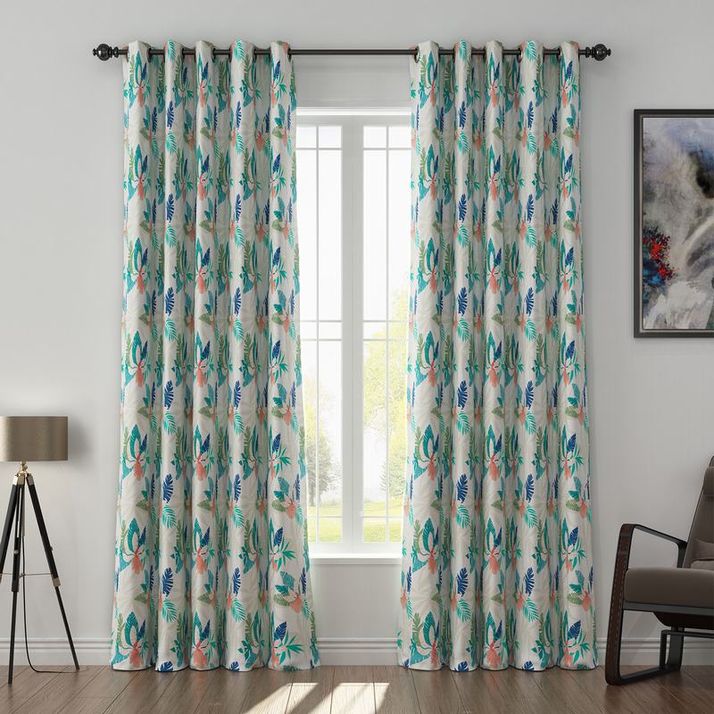 Tropical Print Polyester Linen Curtain Drapery with Privacy Blackout Thermal Lining BRITNEY