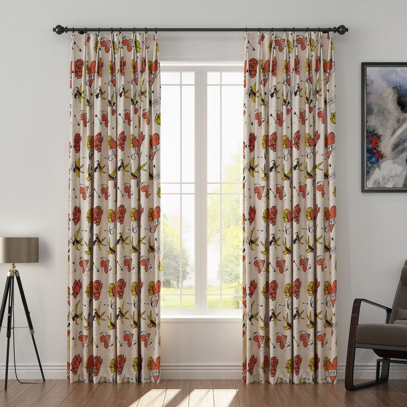 Love Print Polyester Linen Curtain Drapery with Privacy Blackout Thermal Lining CHERYL