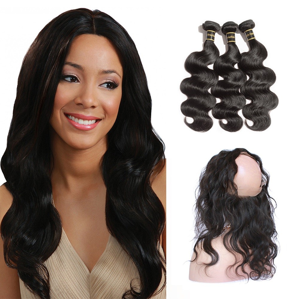 【Crystal 6A】	360 Lace Frontal Band With 3 Bundles Body Wavy 6A Brazilian Virgin Hair