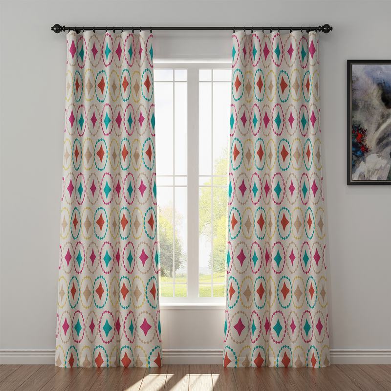 Geometric Print Polyester Linen Curtain Drapery FLAMINGO