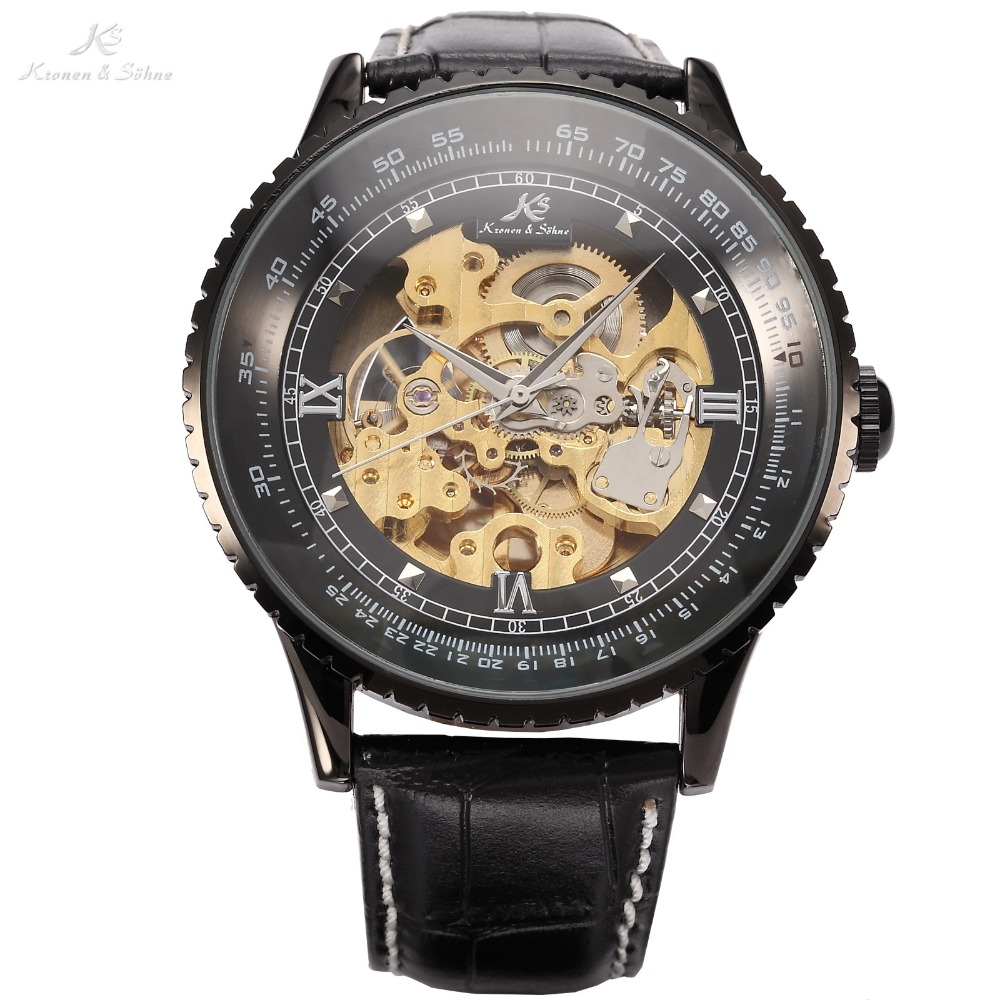 Classic Luxury Ks Royal Black Big Case Black Automatic Mechanical Skeleton Wrap Relogio Self Wind Men Mechanical Watch / KS114