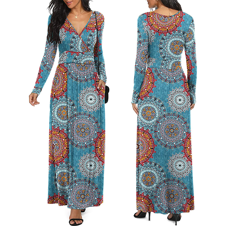 Women Long Sleeve Deep V Neck Loose Plain Long Maxi Casual Dress with Pockets