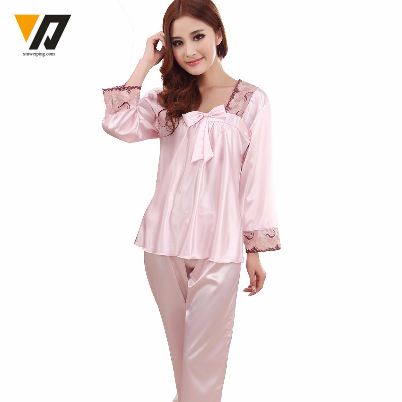 Womens Silk Pajamas Sets Spring Summer Female Lace Embroidered Satin Pyjamas Sleepwear Loungewear L-3XL