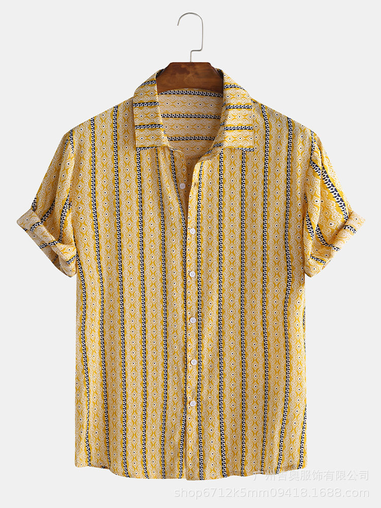 Casual mens printed striped short-sleeved shirt