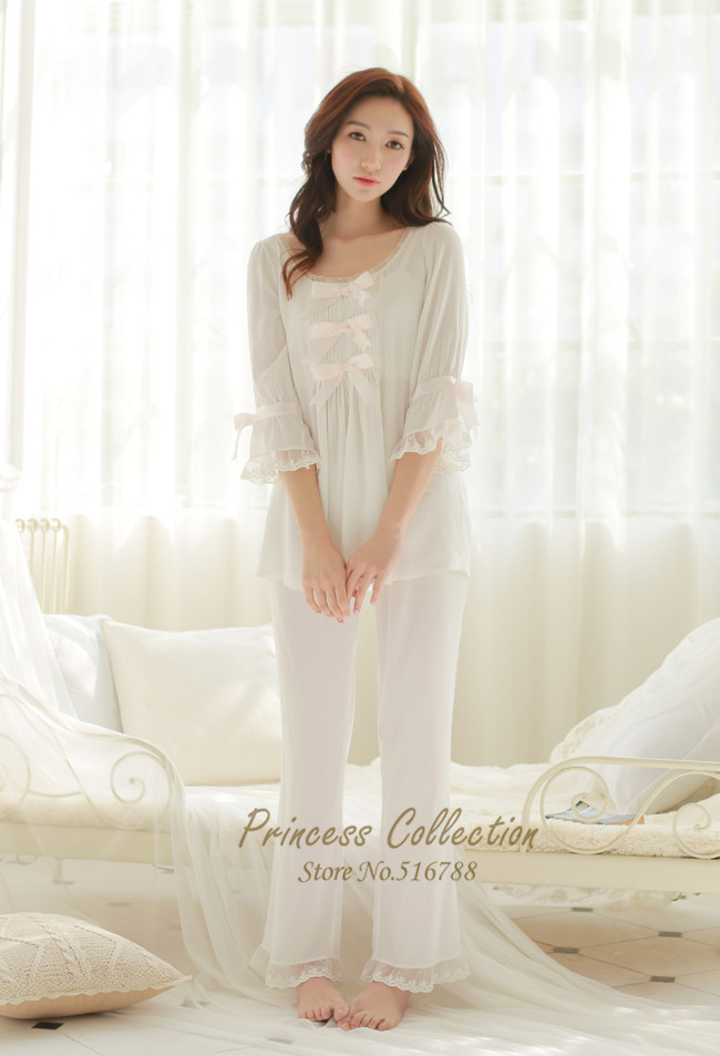Free Shipping Princess Women's White Pajamas Pants Set Lace Decoration Sleepwear pijamas femininos verao